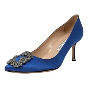 Manolo Blahnik Hangisi 70 Crystal Embellished Pump Heel Cobalt Blue Satin 36